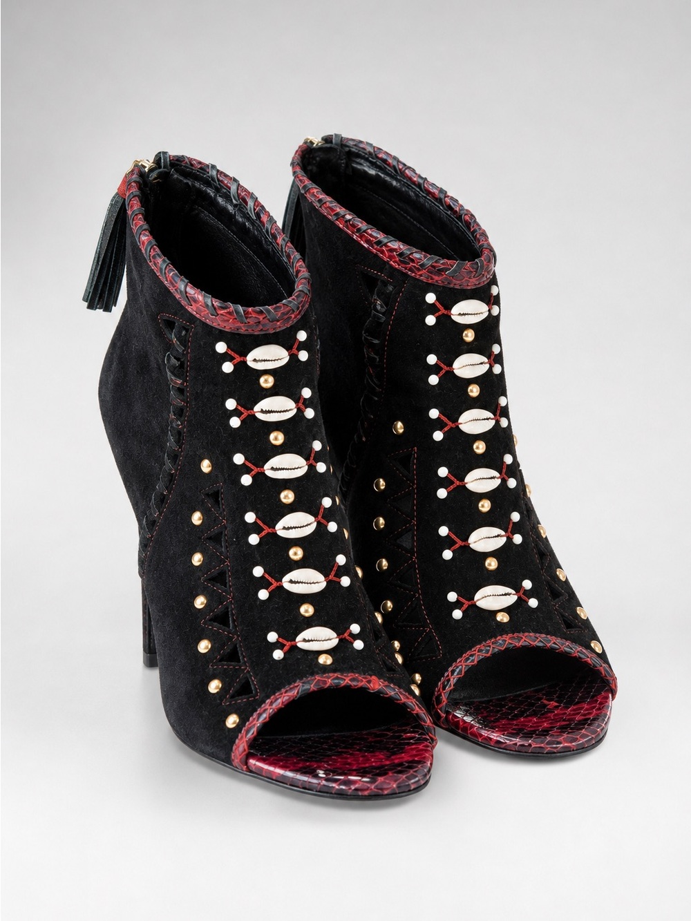 Tamara Mellon Black Suede Open-Toe Ankle Boots with Red Trim
